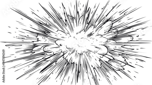 Dynamic black and white comic book-style explosion with energetic lines. Vector illustration