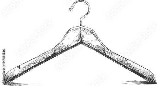 Wooden coat hanger in black and white sketch with detailed lines. Vector illustration