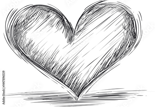 Black and white sketch of a large heart with textured shading. Vector illustration