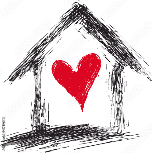 Black sketched house encasing a bright red heart, symbolic of love and home. Vector illustration
