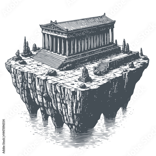 Greek Parthenon elevated on a floating island, featuring detailed classical design and surreal elements.
