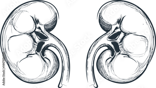 Detailed illustration of human kidneys in monochrome outline style, medical concept. Vector illustration