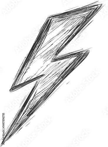 Black sketch of lightning bolt conceptual energy symbol. Vector illustration