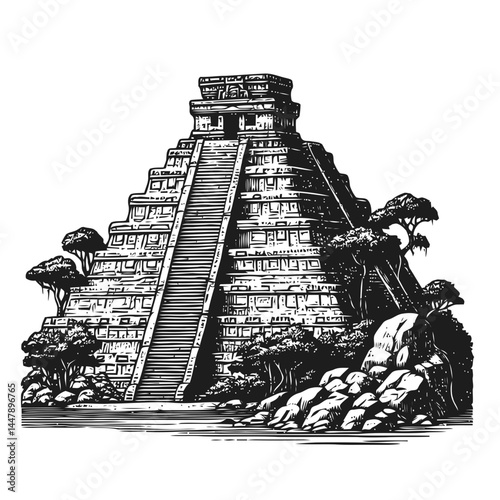 Detailed historic depiction of a Mayan temple atop a stepped cliff, surrounded by scenic beauty and cultural charm.