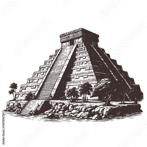 Intricately designed Mayan temple resting atop a rugged stepped cliff surrounded by breathtaking scenic beauty.