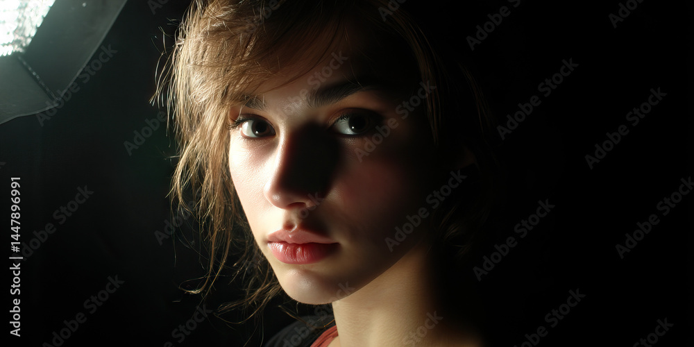 Close-up Portrait of Young Woman with Lighting from Left