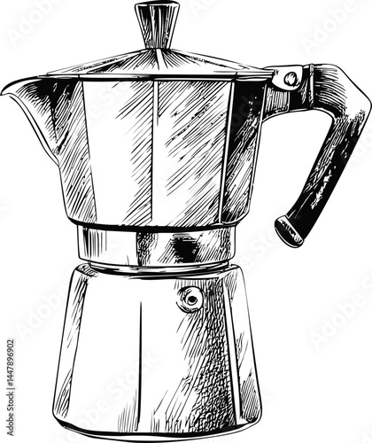 Black and white illustration of a classic moka pot sketch. Vector illustration
