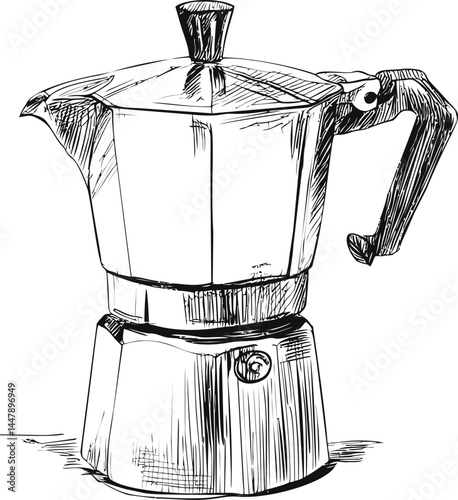 Detailed black and white illustration of a moka pot coffee maker sketch. Vector illustration
