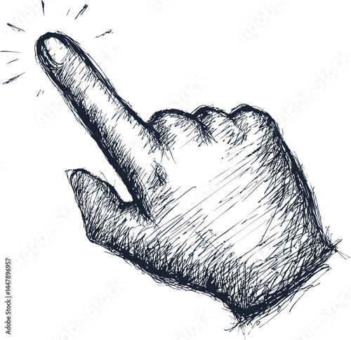 Sketch of a hand pointing upward in black ink drawing style, digital illustration. Vector illustration