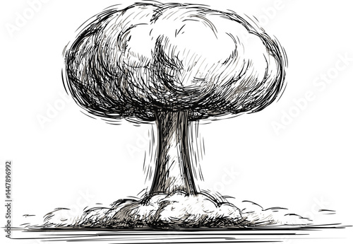 Pencil sketch of a dramatic mushroom cloud explosion in black and white illustration. Vector illustration