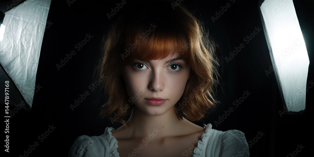 Portrait of Young Woman with Red Hair, Lit by Diffused Light Sources