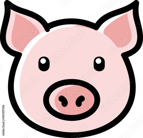 Cute cartoon pig face with pink ears and a black outline, . Vector illustration