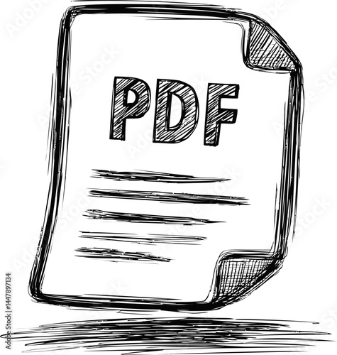 Illustration of a sketched pdf document icon with text lines and scribbles. Vector illustration