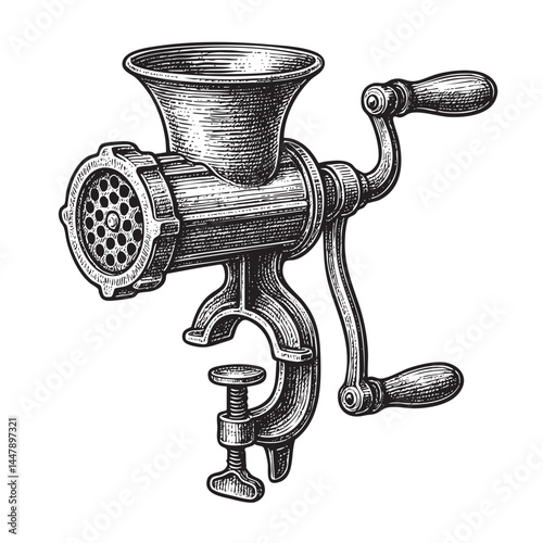 meat grinder woodcut engraving vector illustration