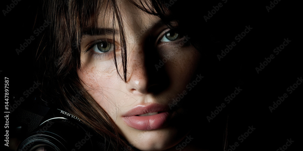 Close-up Portrait of Freckled Woman with Camera