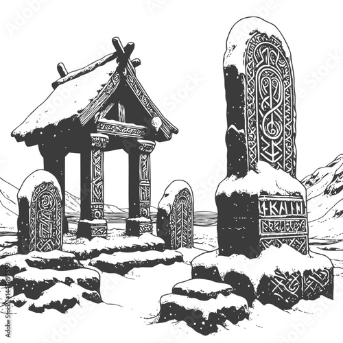 Snow-laden Norse shrine with intricately carved runestones, a celebration of ancient Nordic artistry and heritage.
