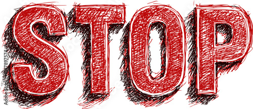 Red sketchy illustration of a stop sign with bold letters on a white background. Vector illustration