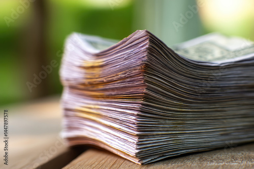 A Thick Stack of Money on a Wooden Table, Blurred Green Background photo