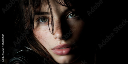 Obraz na płótnie Close-up Portrait of Freckled Woman with Camera w salonie