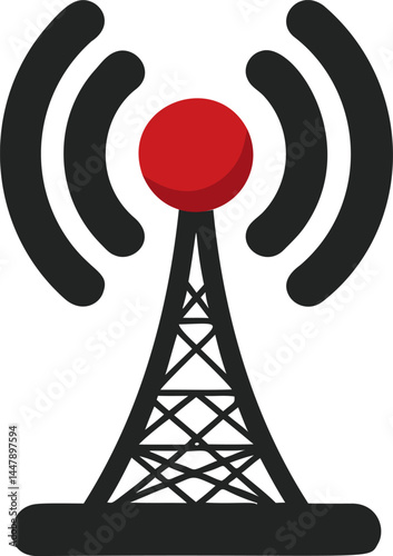 Black and red radio tower icon with signal waves, modern communication symbol. Vector illustration