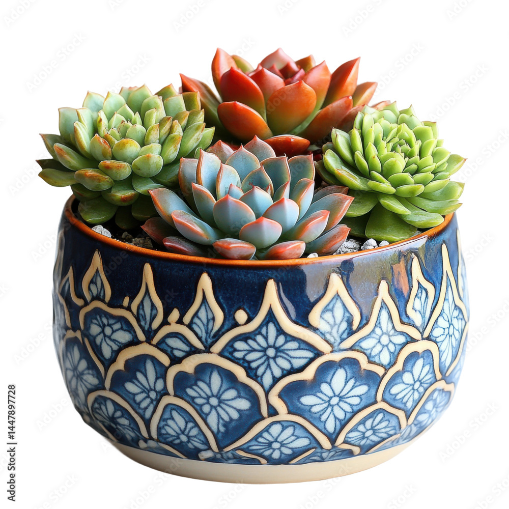 Fototapeta premium Succulent arrangement in decorative pot indoor plant decor close-up. Isolated on transparent background, png.