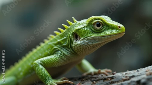 Closeup view of vibrant green lizard on textured branch focus on detail perfect for nature reptile or exotic pet photography photo