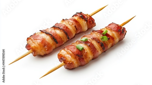 Crispy Bacon Wrapped Skewers on White Background