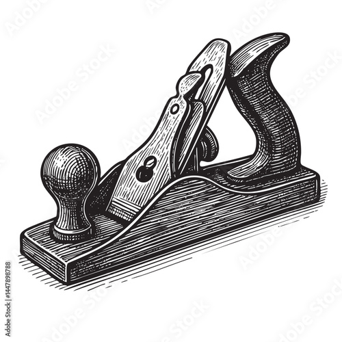 classic hand plane tool woodcut engraving vector illustration