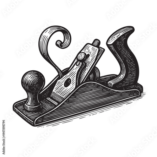 classic hand plane tool woodcut engraving vector illustration