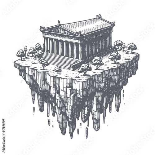 Intricate portrayal of a Greek Parthenon on a floating island, blending ancient aesthetics with surreal artistic beauty.
