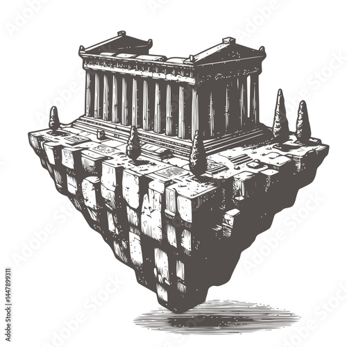 Greek Parthenon depicted as a floating architectural marvel on a radiant island with vibrant colors and artistic fantasy.
