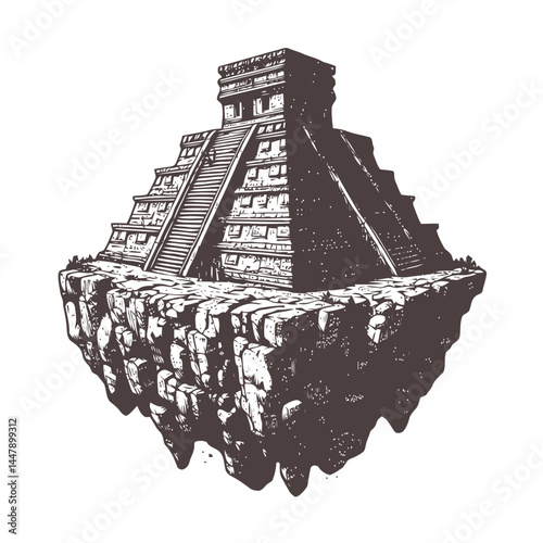 Artistic representation of a Mayan temple atop a rugged stepped cliff showcasing intricate historic details.
