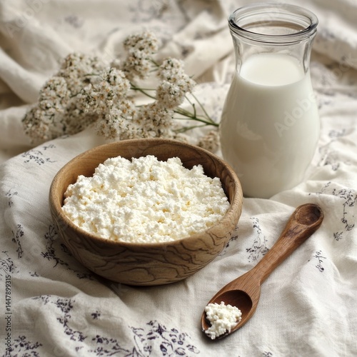 Cheese and milk on vintage tablecloth.