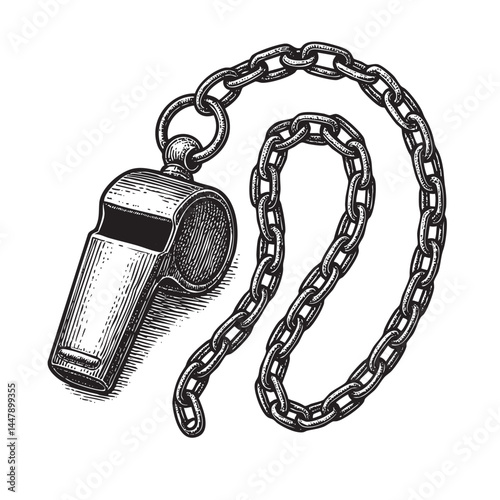 brass whistle with chain woodcut engraving vector illustration