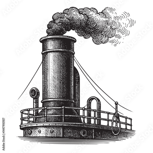steamship smokestack woodcut engraving vector illustration
