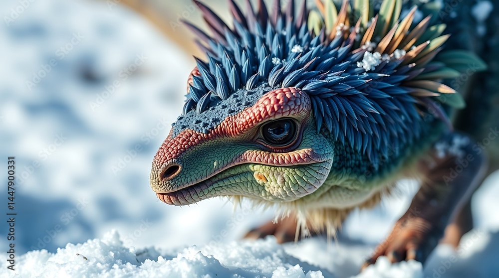 Obraz premium An extreme macro close-up shot of a feathered dinosaur adapted to the cold on a snowy tundra, utilizing cool colors like blues, greens, and purples, showing minute details