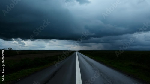 Long wet road with reflections and shadows stretches to a dark brooding sky with heavy clouds under ominous lighting, tilt up video Intense impending storm concept