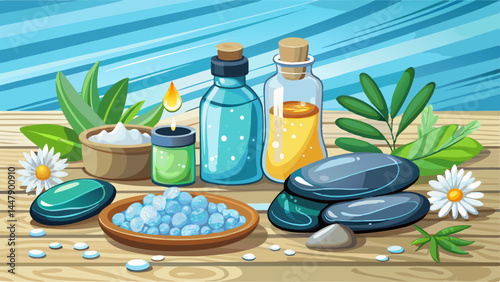 Essential oils and salt blend in a peaceful layout.
White wood background enhances the natural tones.
A gentle reminder of serenity and holistic care.
Great for packaging, web design, or posters.

