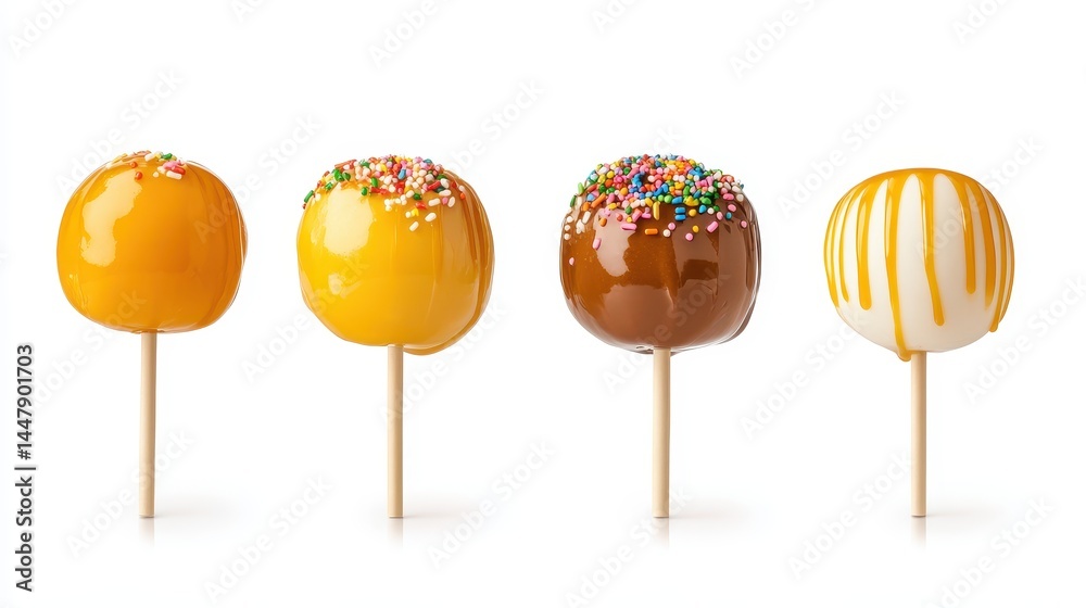 Four Colorful Candy Apples with Various Toppings on White Background Four Colorful Candy Apples with Various Toppings on White Background