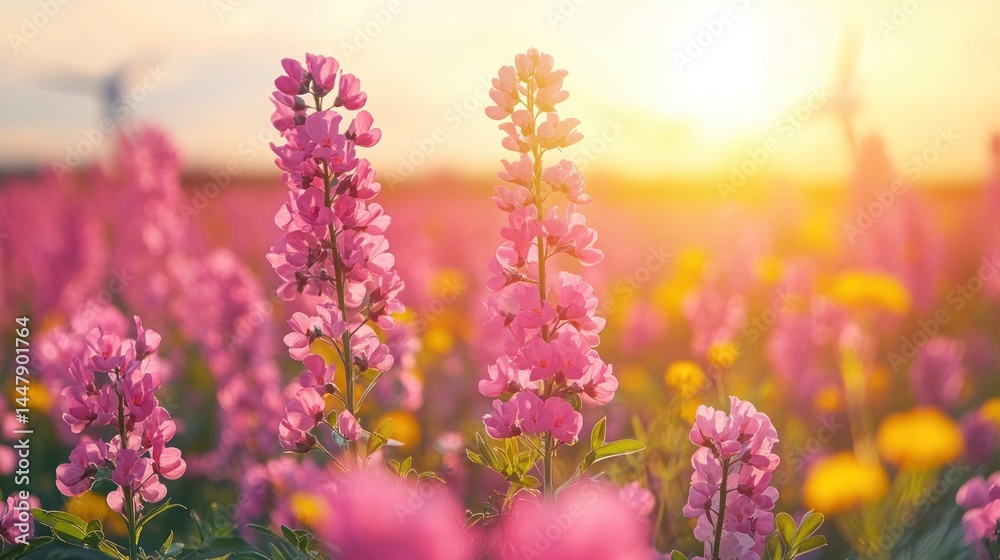 Obraz premium Sunset Serenity: A Field of Blooming Pink Flowers