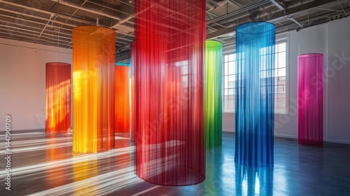 Colorful Cylindrical Fabric Installations in a Gallery Space