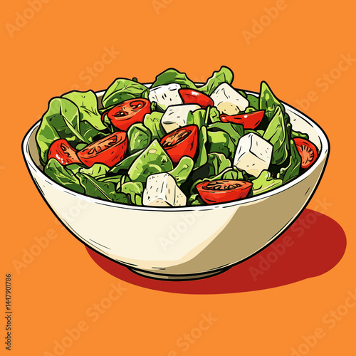 Vibrant salad in a bowl, featuring greens and tomatoes.