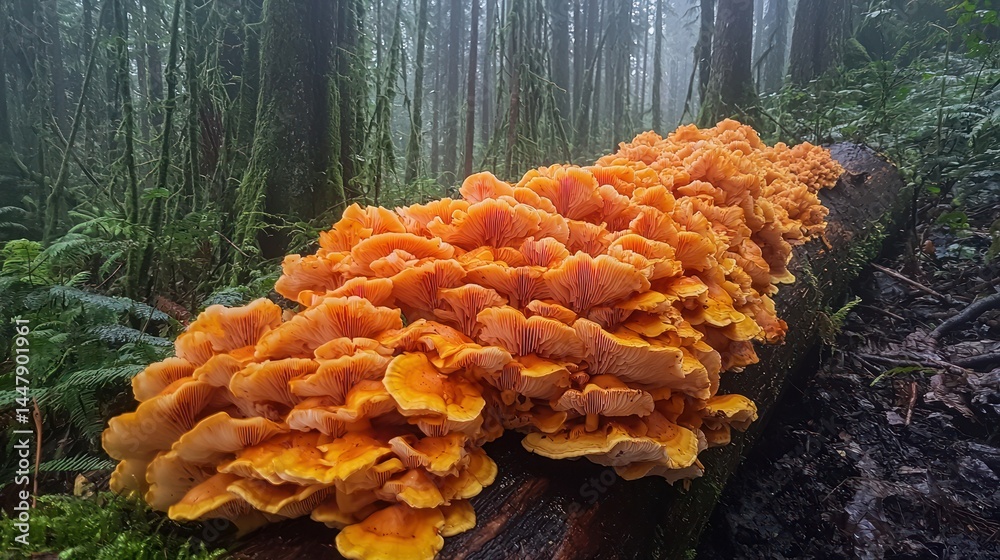 Massive cluster of bright orange mushrooms on a fallen log in a misty forest Massive cluster of bright orange mushrooms on a fallen log in a misty forest