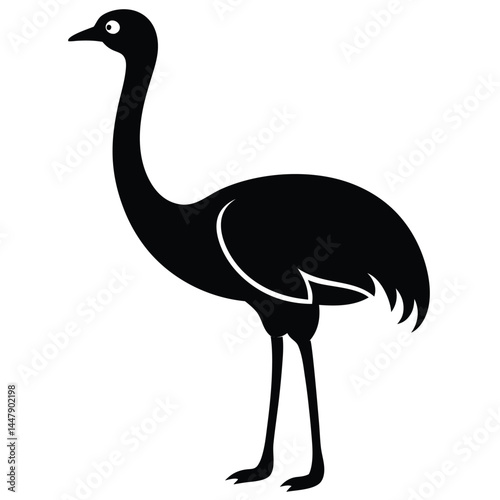 Silhouette of an ostrich bird with long neck, standing on white background