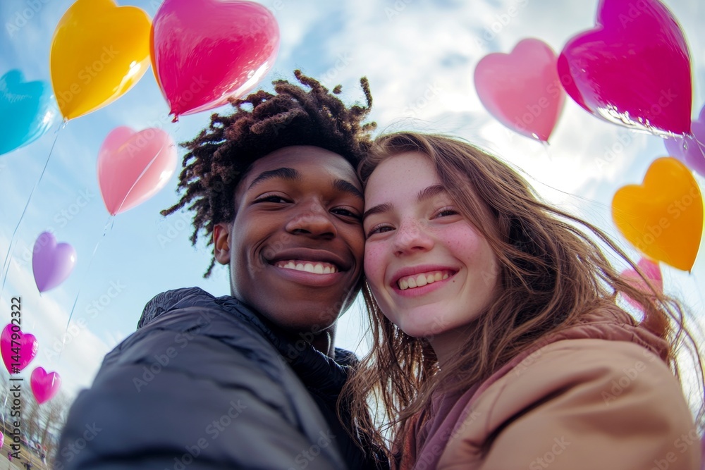 Sign of love and affection. Commercial ad campaign concept art art. Valentine's day, soulmatescouple: breathtaking noticeable image of loving interracial adolescent couple. Dreamy love.