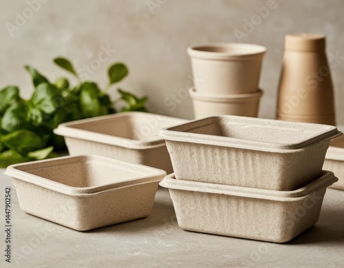 Stacked eco-friendly disposable food boxes made from bagasse (sugarcane pulp) against a neutral background.