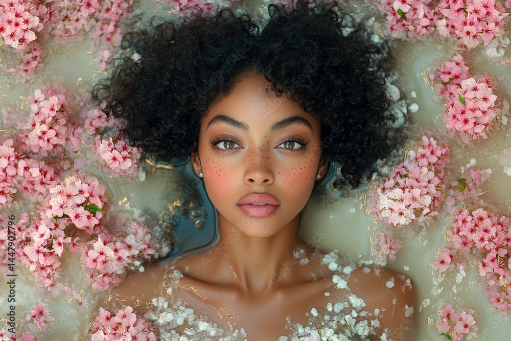 Commercial ad campaign visual idea. Spring mood, golden hour in sunset. Pretty mixed-race young woman surrounded by cherry blossoms. Spring-inspired woman in vivid blossoms.