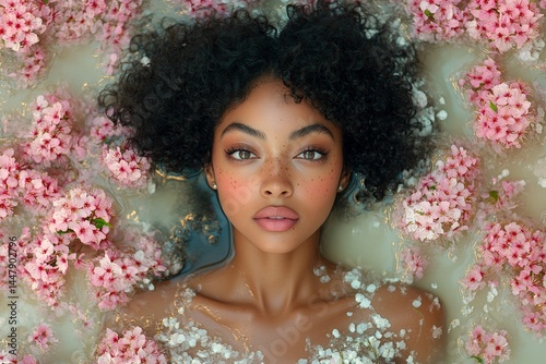 Obraz na płótnie Commercial ad campaign visual idea. Spring mood, golden hour in sunset. Pretty mixed-race young woman surrounded by cherry blossoms. Spring-inspired woman in vivid blossoms. w salonie