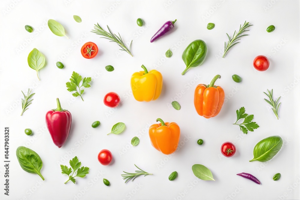 Fresh Vegetables and Herbs Floating in the Air on a White Background. Fresh Vegetables and Herbs Floating in the Air on a White Background.