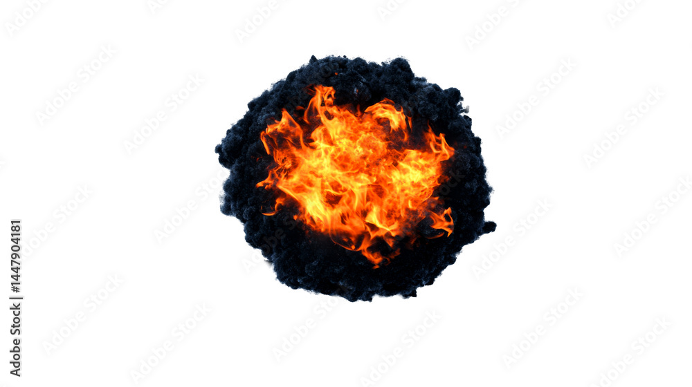 Dynamic burst of fiery flames encased in dark smoke cloud. cut out transparent